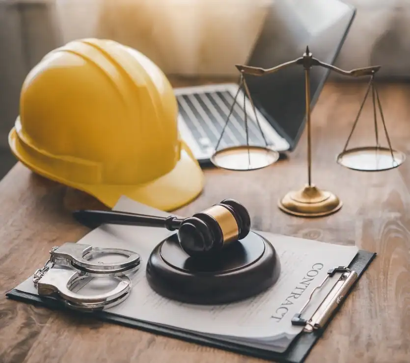 Construction law concepts represented by a yellow safety helmet, gavel, scales of justice, and legal.